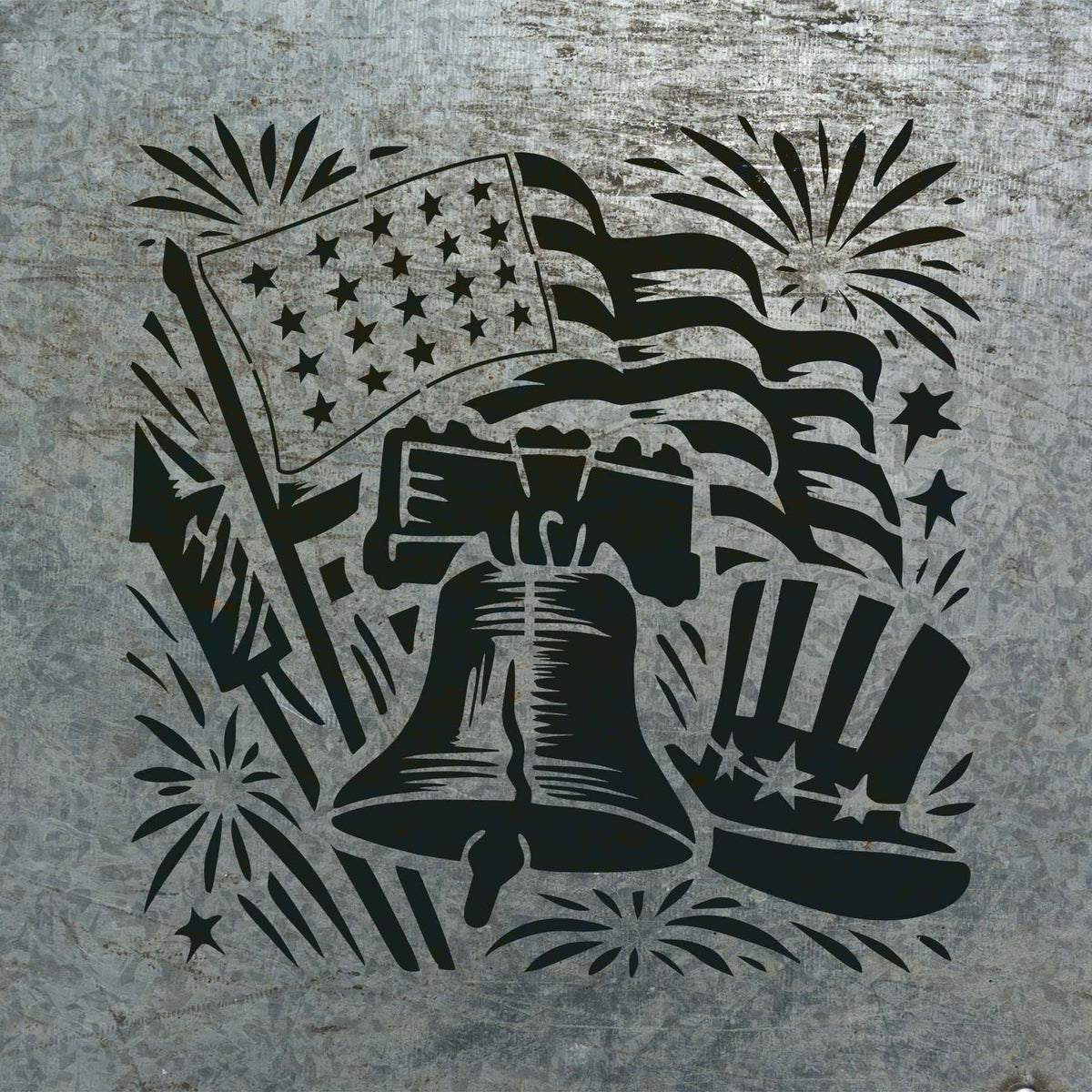 Patriotic Liberty Bell Celebration Stencil with flag, bell, Uncle Sam hat and fireworks