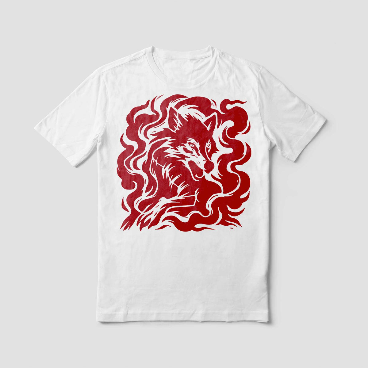 A bold red Phantom Wolf Smoke Stencil curls across a white shirt with flowing smoky details.