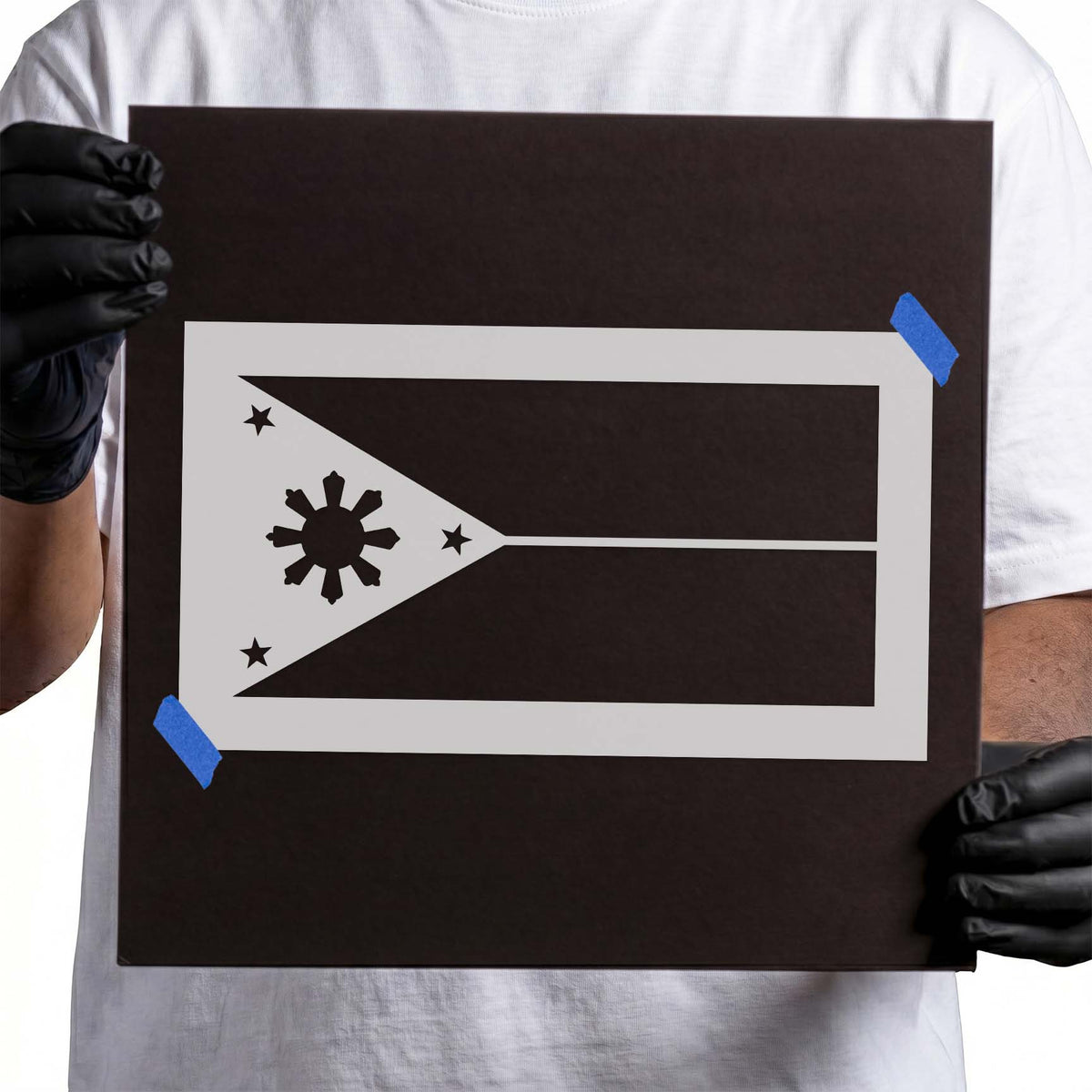 Philippines flag stencil featuring an eight-rayed sun, three stars, and horizontal bands