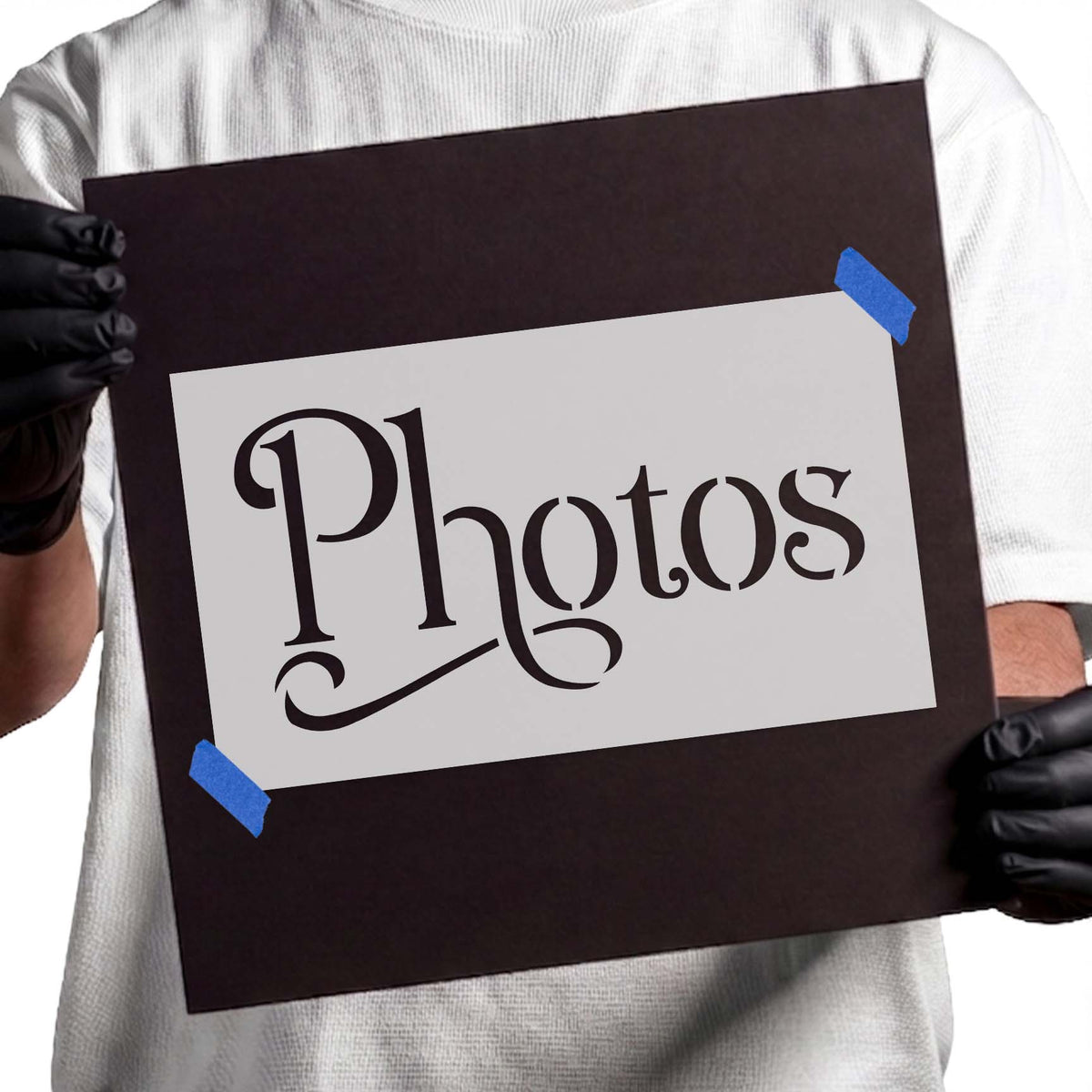 Photos sign stencil with elegant decorative lettering and serif details