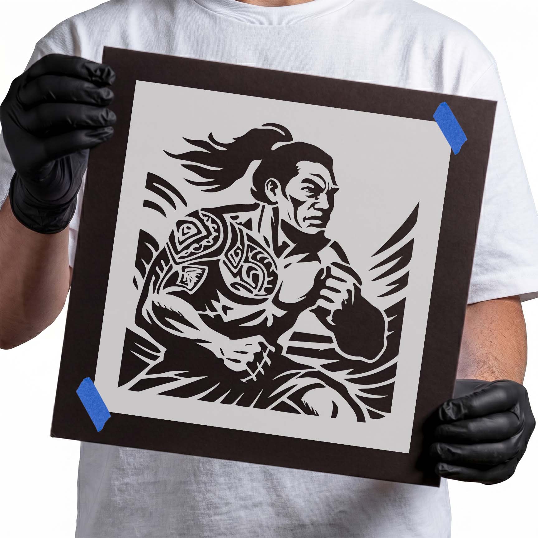 Polynesian warrior stencil with flowing hair and detailed body patterns

