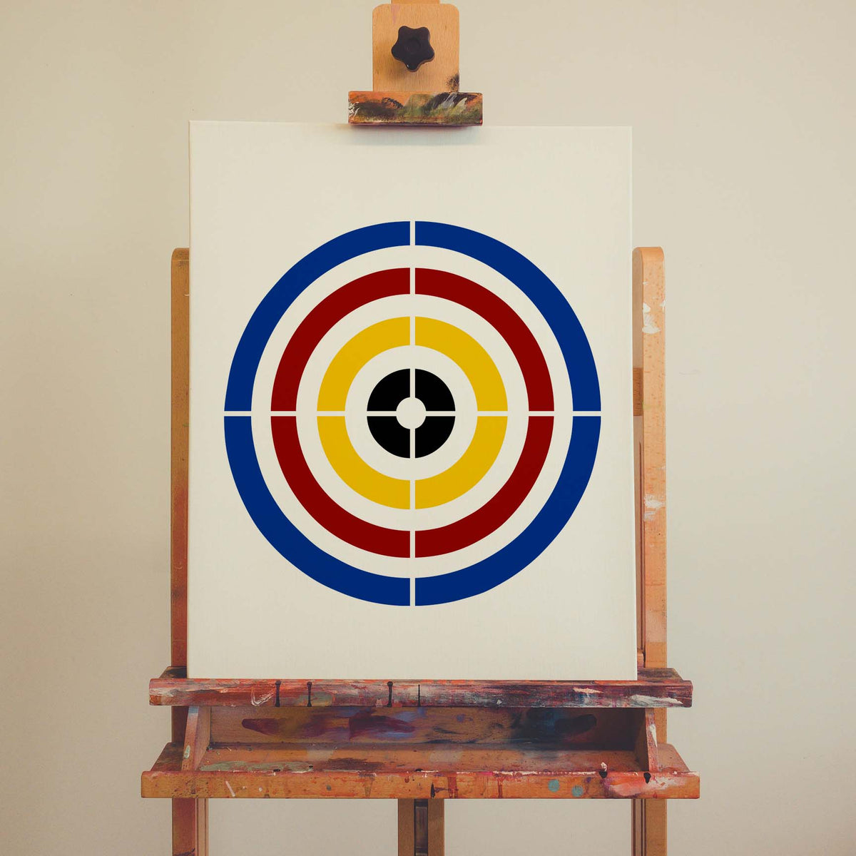 Precision Concentric Target Stencil displays bold multicolor rings on a white artist canvas