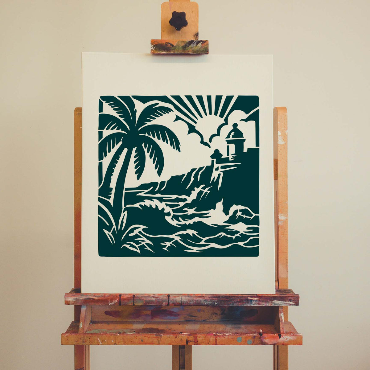 Puerto Rico Coastal Fortress Stencil displays a palm-lined seaside fort scene on an artist canvas