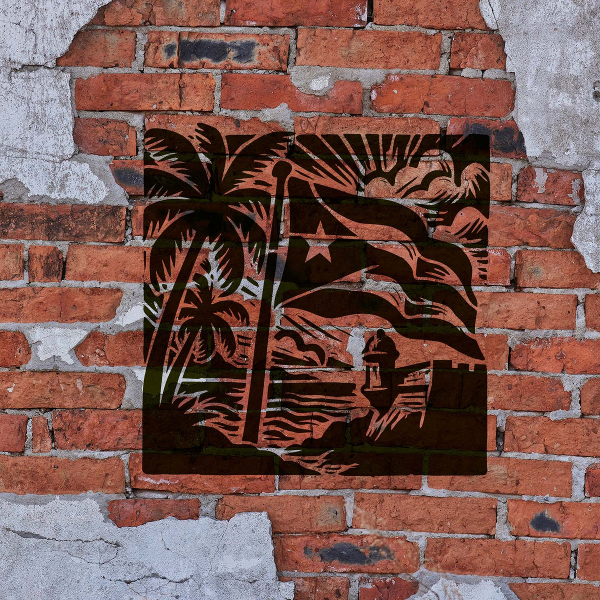Puerto Rico Flag & Coastal Fortress Stencil painted on brick with palms and seaside fort