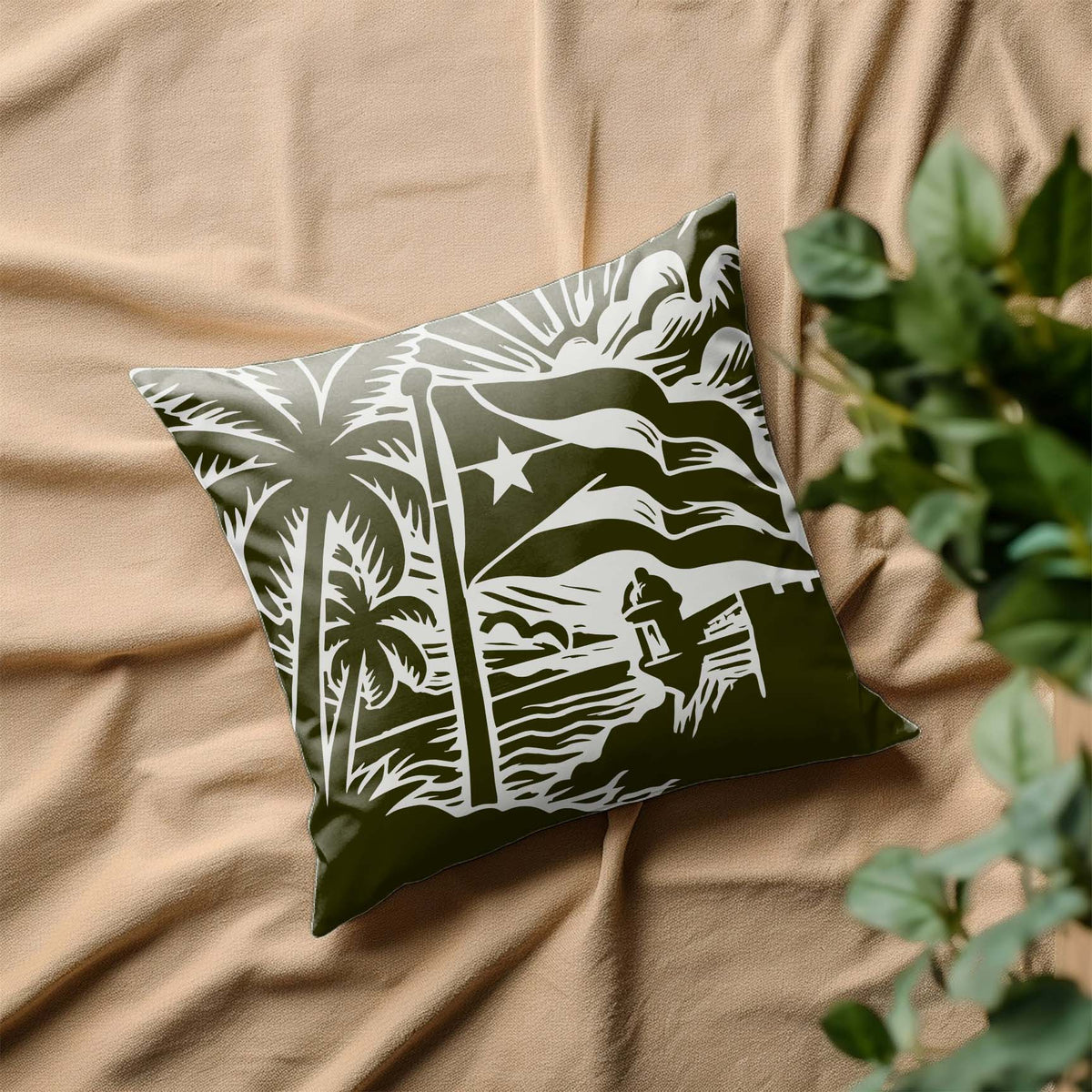 Tropical Puerto Rico Flag & Coastal Fortress Stencil displayed on a decorative pillow