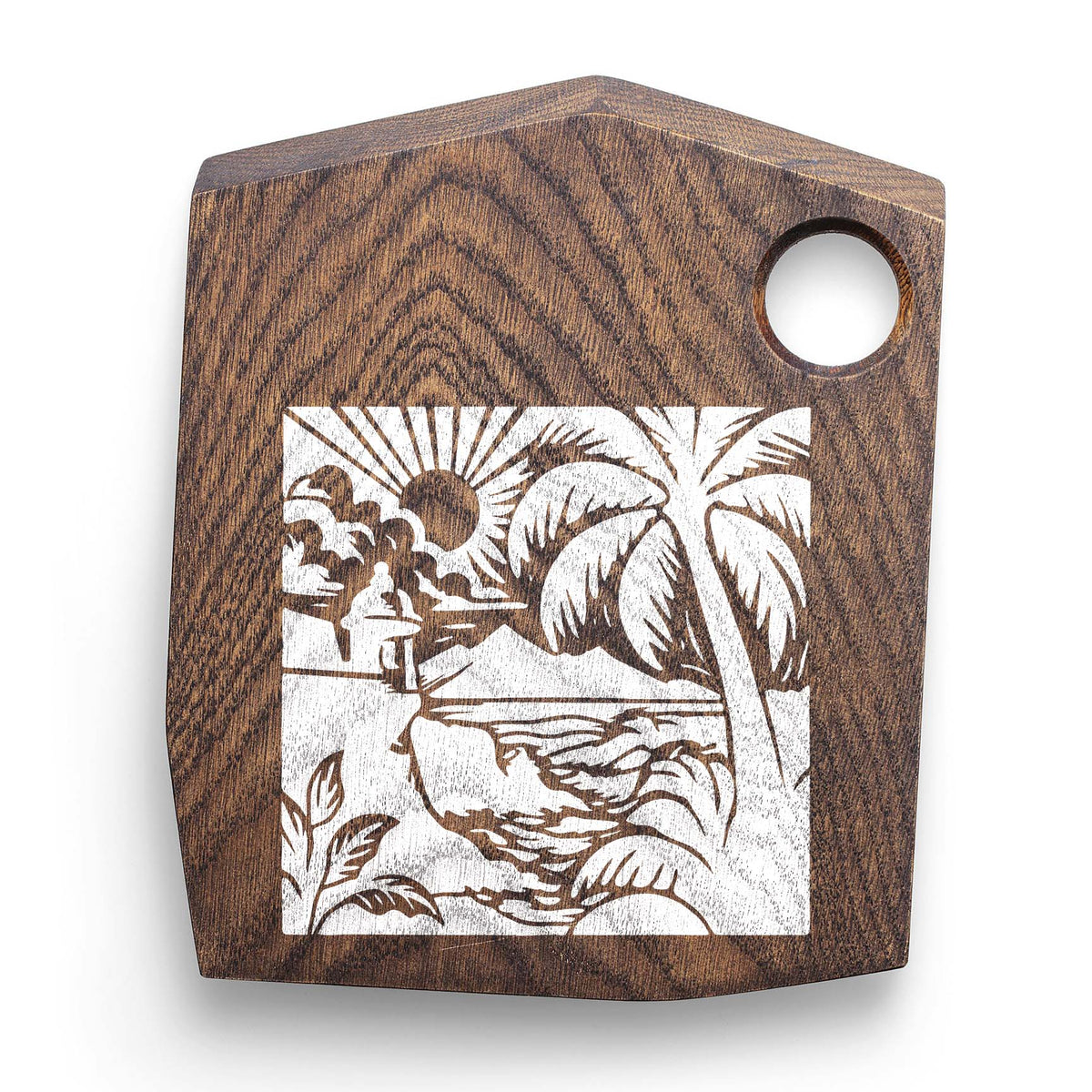 White Puerto Rico Tropical Coastline Stencil shows a palm, coastal waves and sunset on dark wood