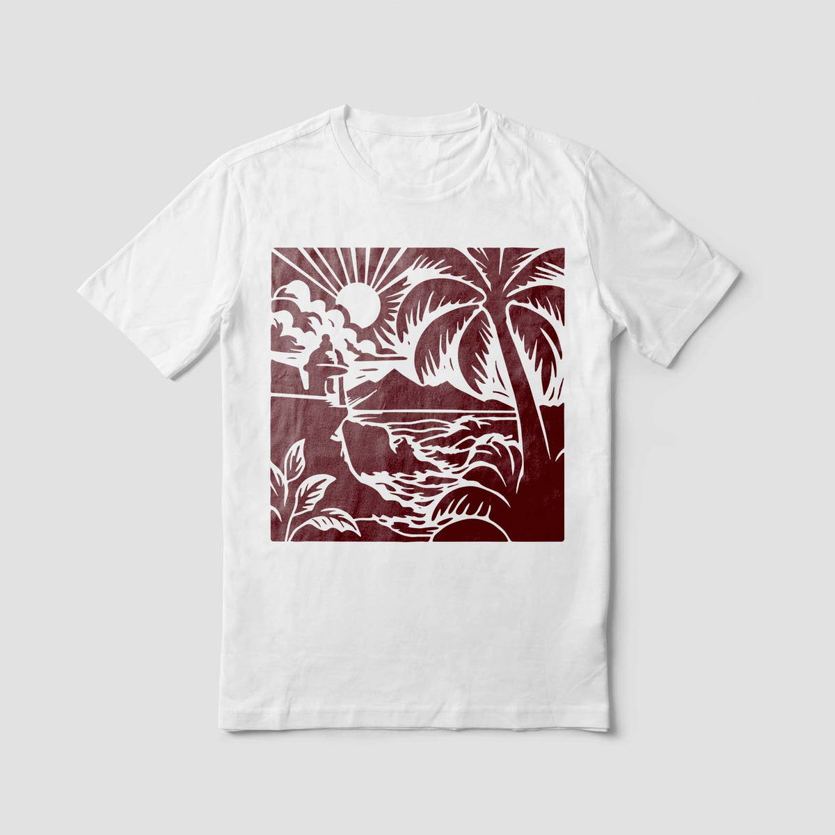 A rich red Puerto Rico Tropical Coastline Stencil adds a palm and seaside sunset to a white shirt