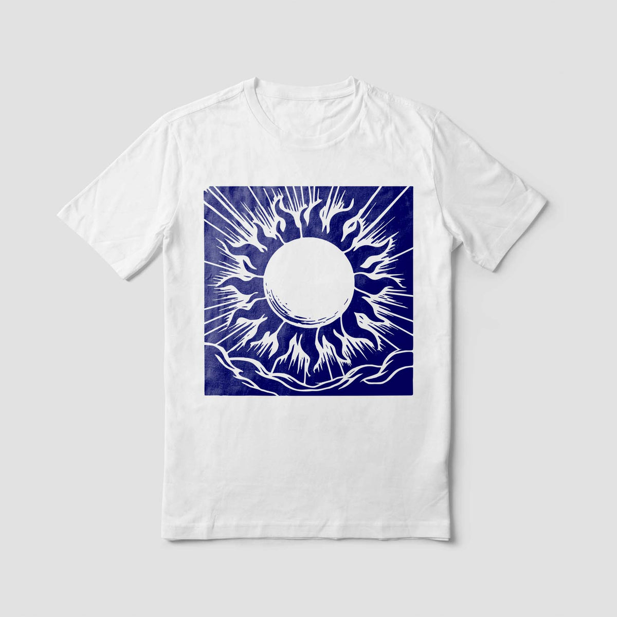 Radiant Solar Halo Stencil printed in blue with fiery sun rays on a white shirt