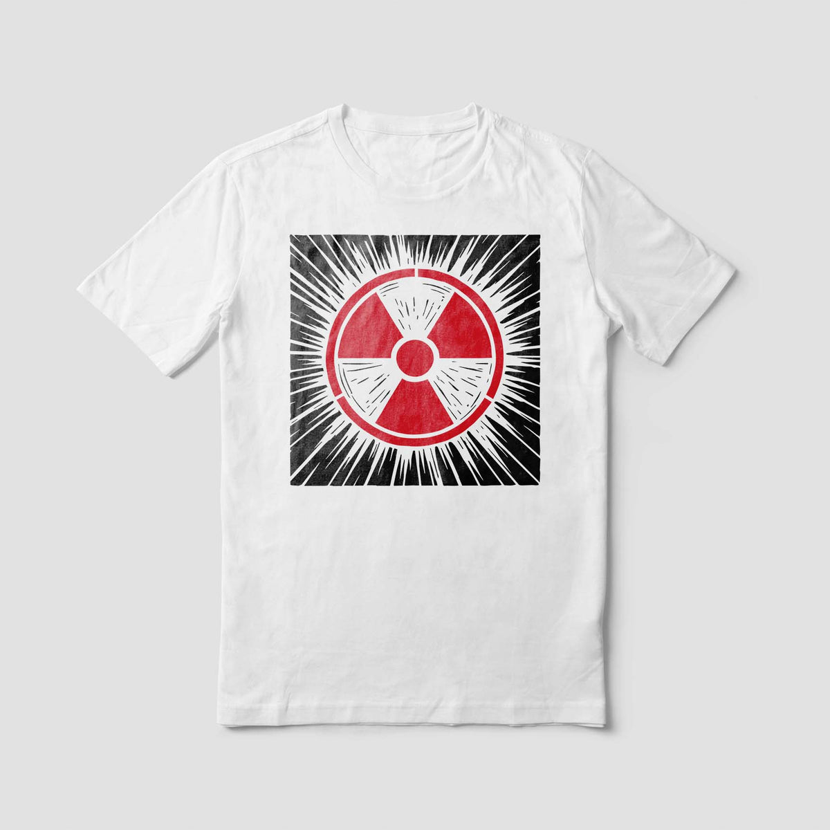 Striking Radiation Warning Symbol Stencil appears in red and black across a crisp white T-shirt