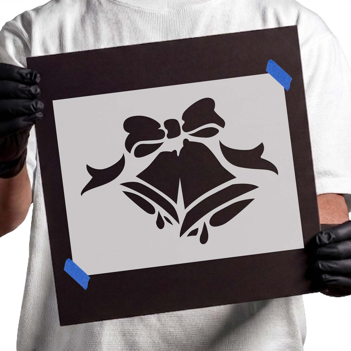 Ribbon and Bells stencil featuring two overlapping bells, a decorative bow, and flowing ribbons