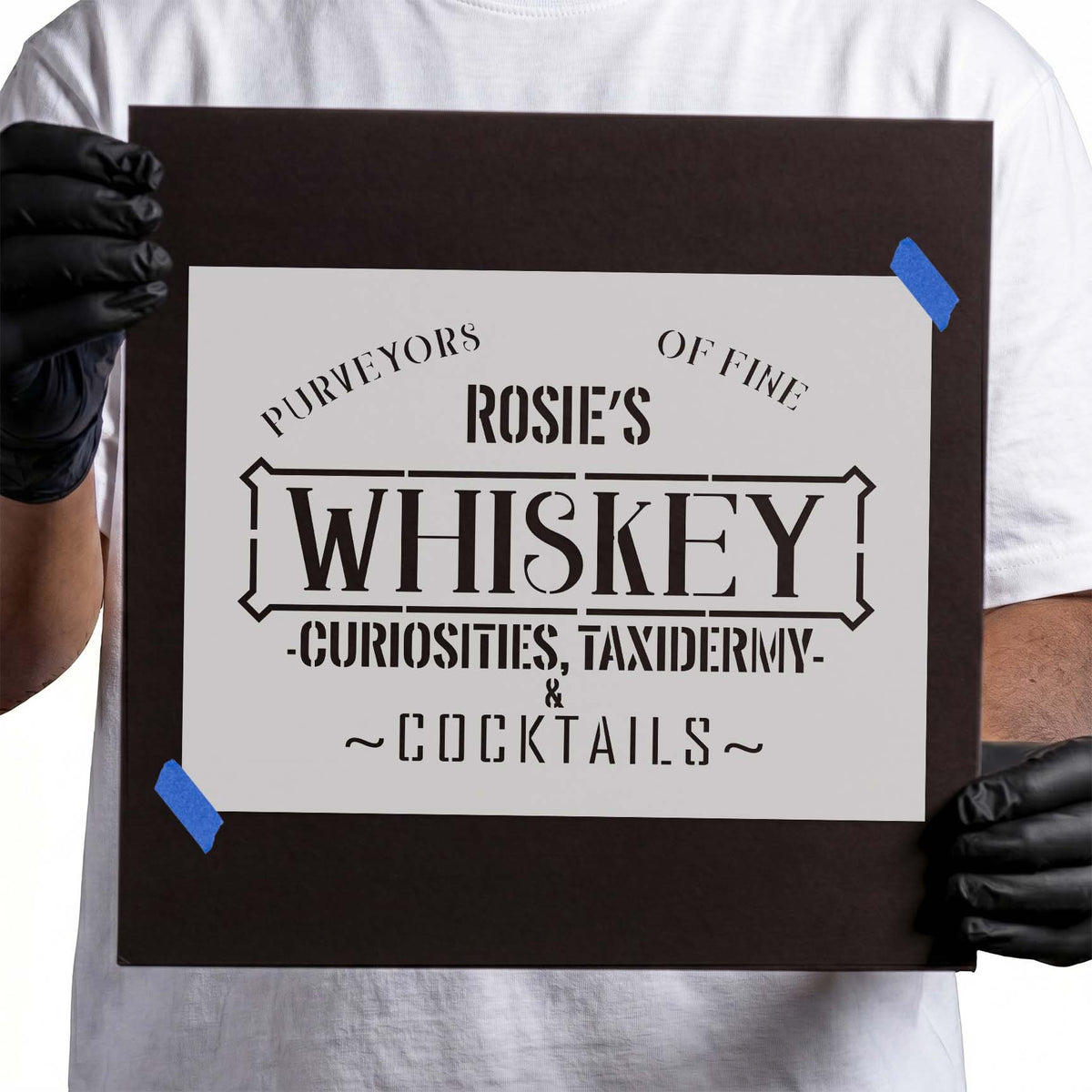 Rosie's Whiskey Stencil with vintage lettering, framed whiskey text, and cocktail references