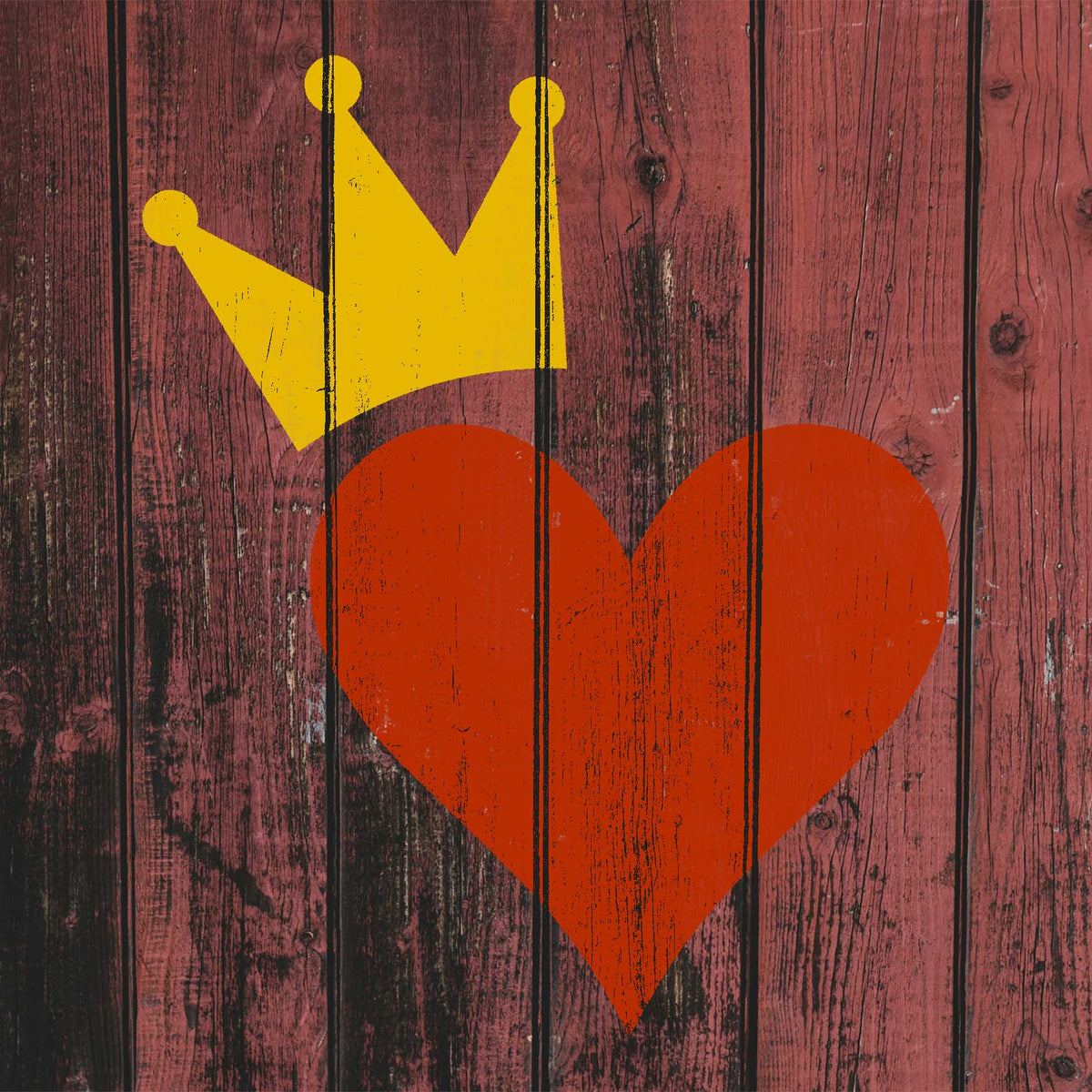 Bold Royal Heart Stencil artwork pairs a yellow crown with a red heart on rustic wood