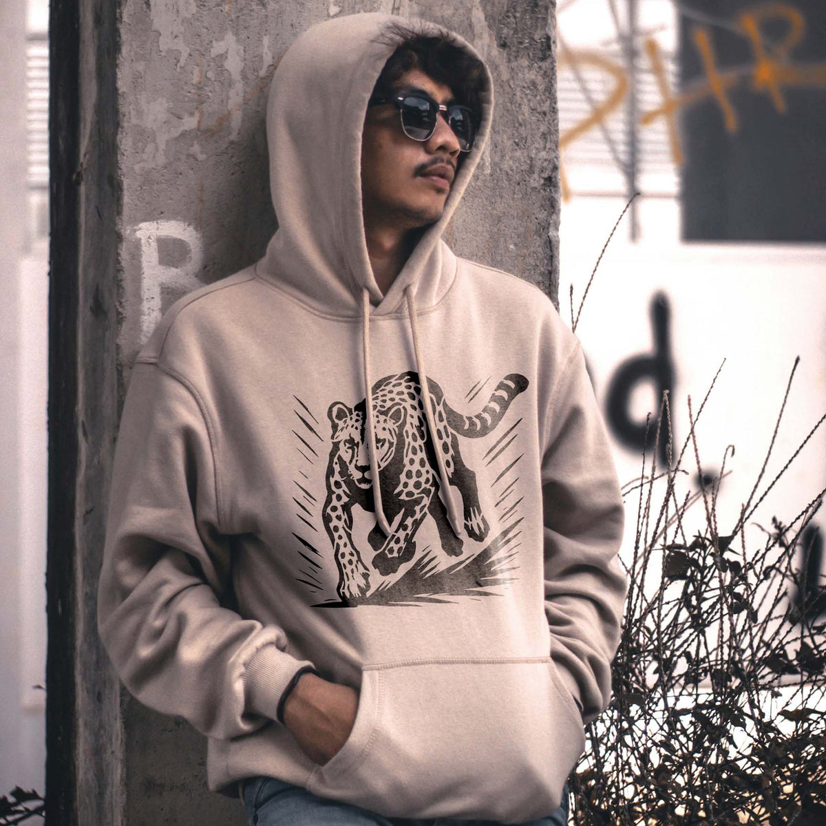 Running Cheetah Wildlife Stencil printed in black on beige hoodie