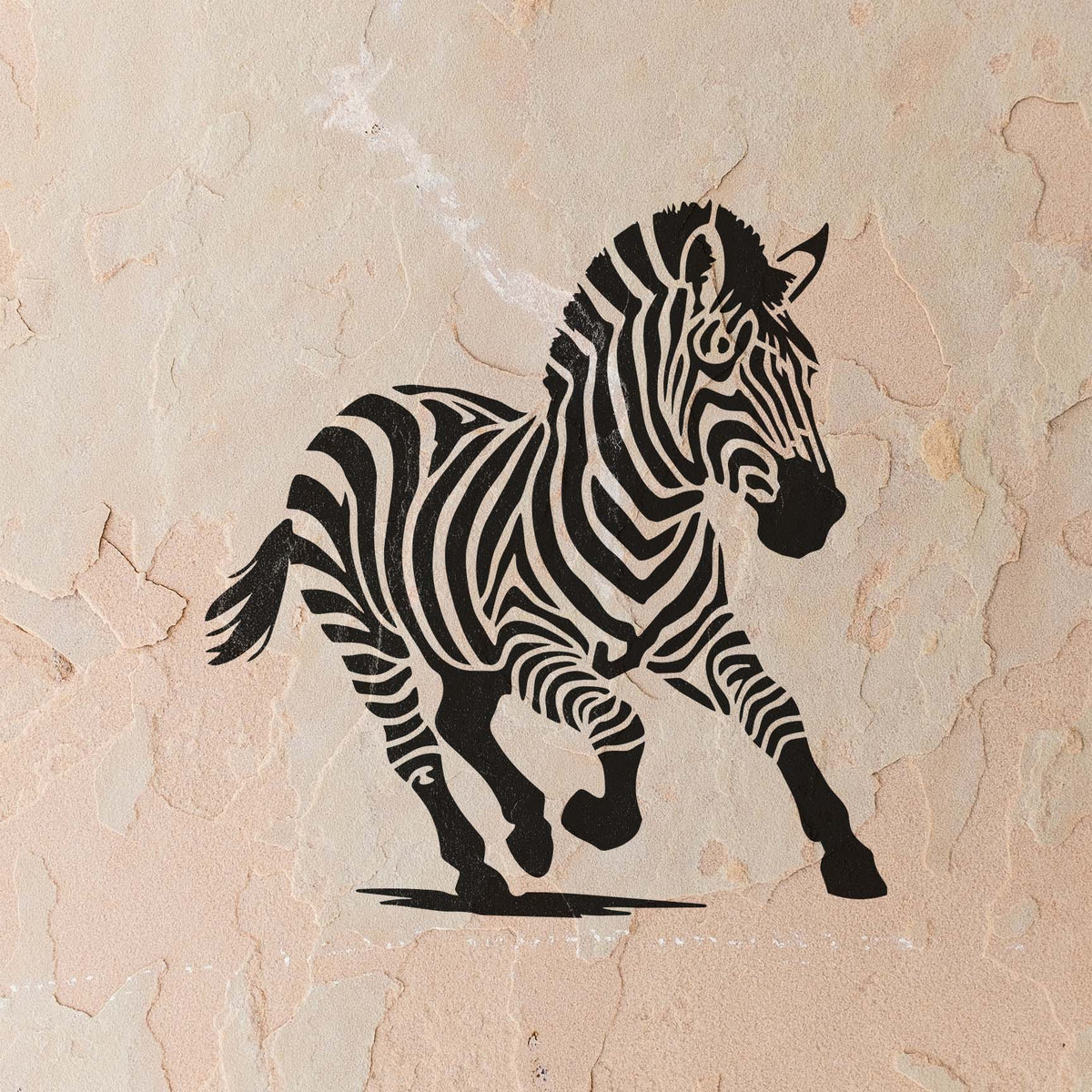 Running zebra stencil painted in black on a textured stucco wall