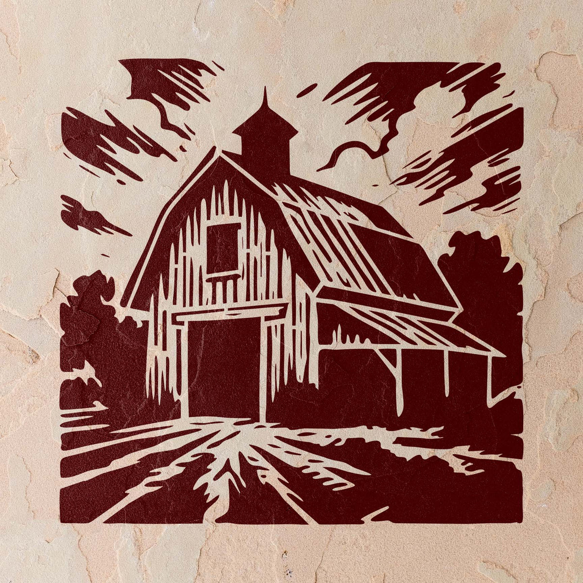 A vintage barn scene from the Rustic Country Barn Stencil decorates a textured stucco wall