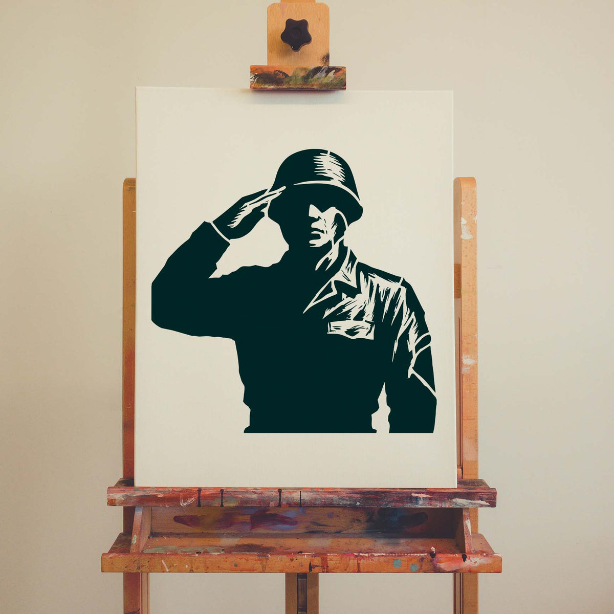 Saluting Soldier Silhouette Military Stencil displayed on an artist canvas