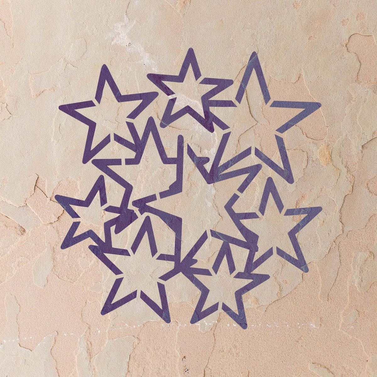 Purple Scattered Outline Stars Stencil forms an overlapping star cluster on a textured beige wall.