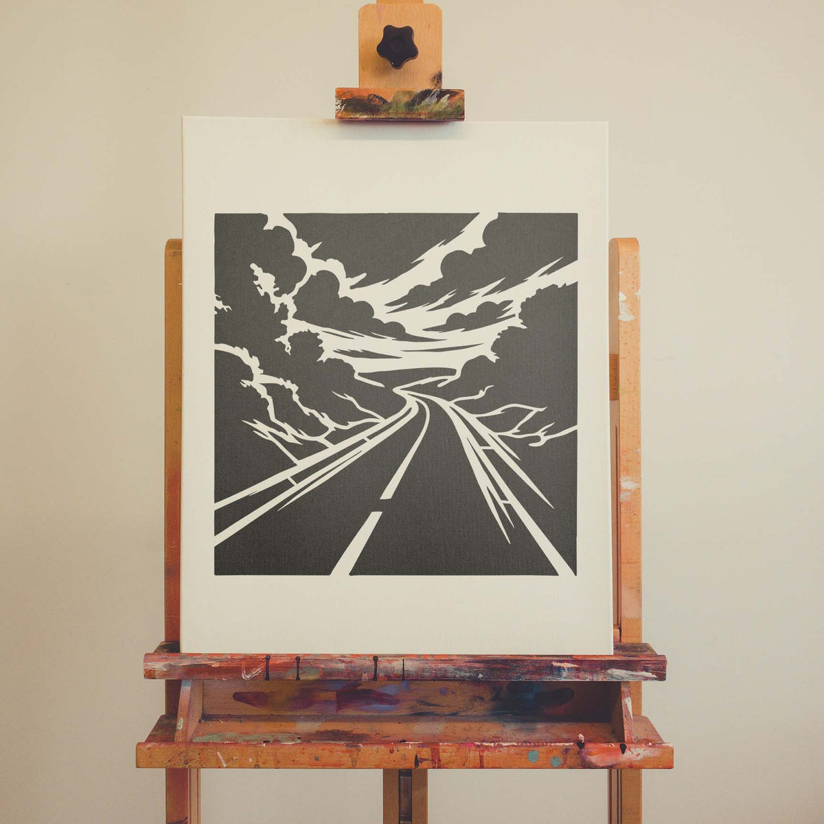 Scenic Winding Highway Landscape Stencil painted on canvas with a dramatic curving road scene