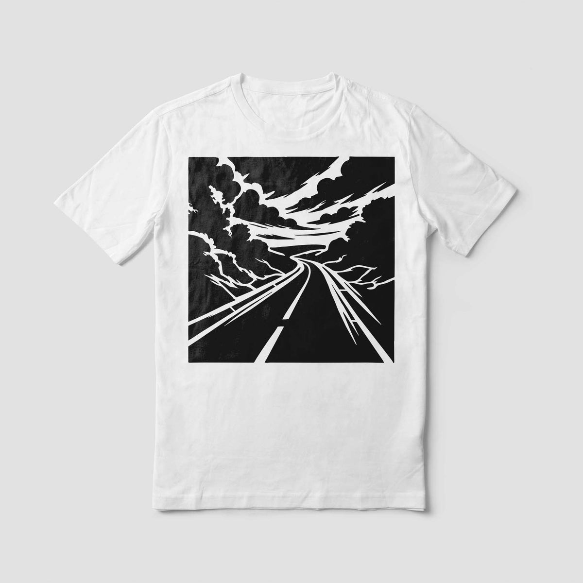 A white shirt features the Scenic Winding Highway Landscape Stencil with road and cloudy scenery