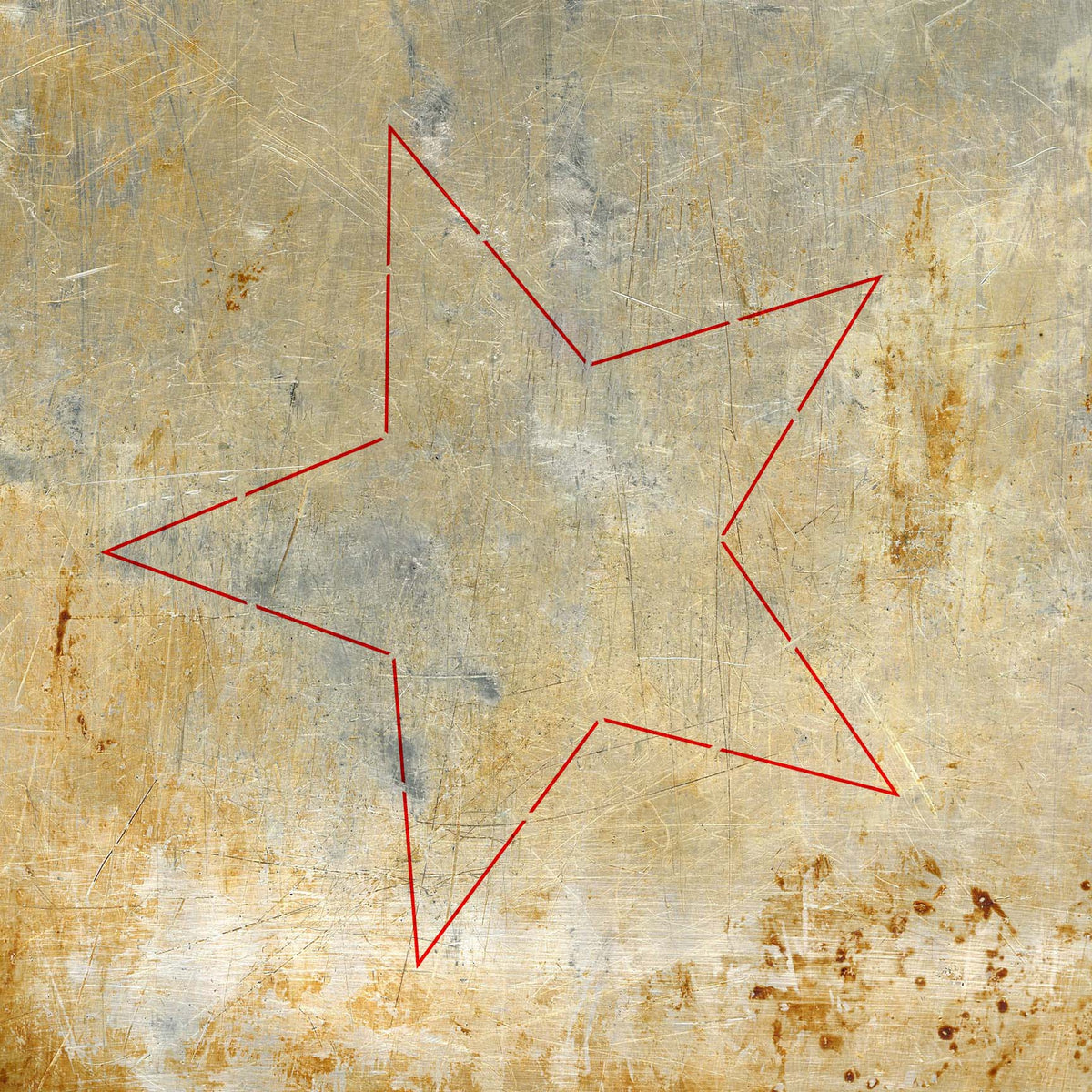 Fine red lines from the Simple Outline Star Stencil stand out on a scratched metal surface