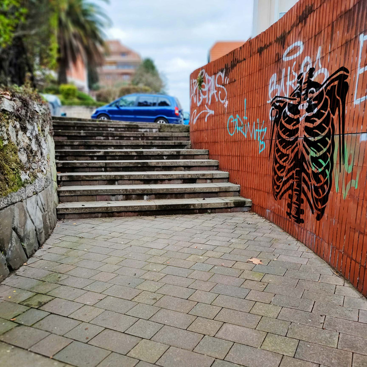 Skeleton Ribcage Stencil covers a graffiti-marked brick wall beside outdoor stairs