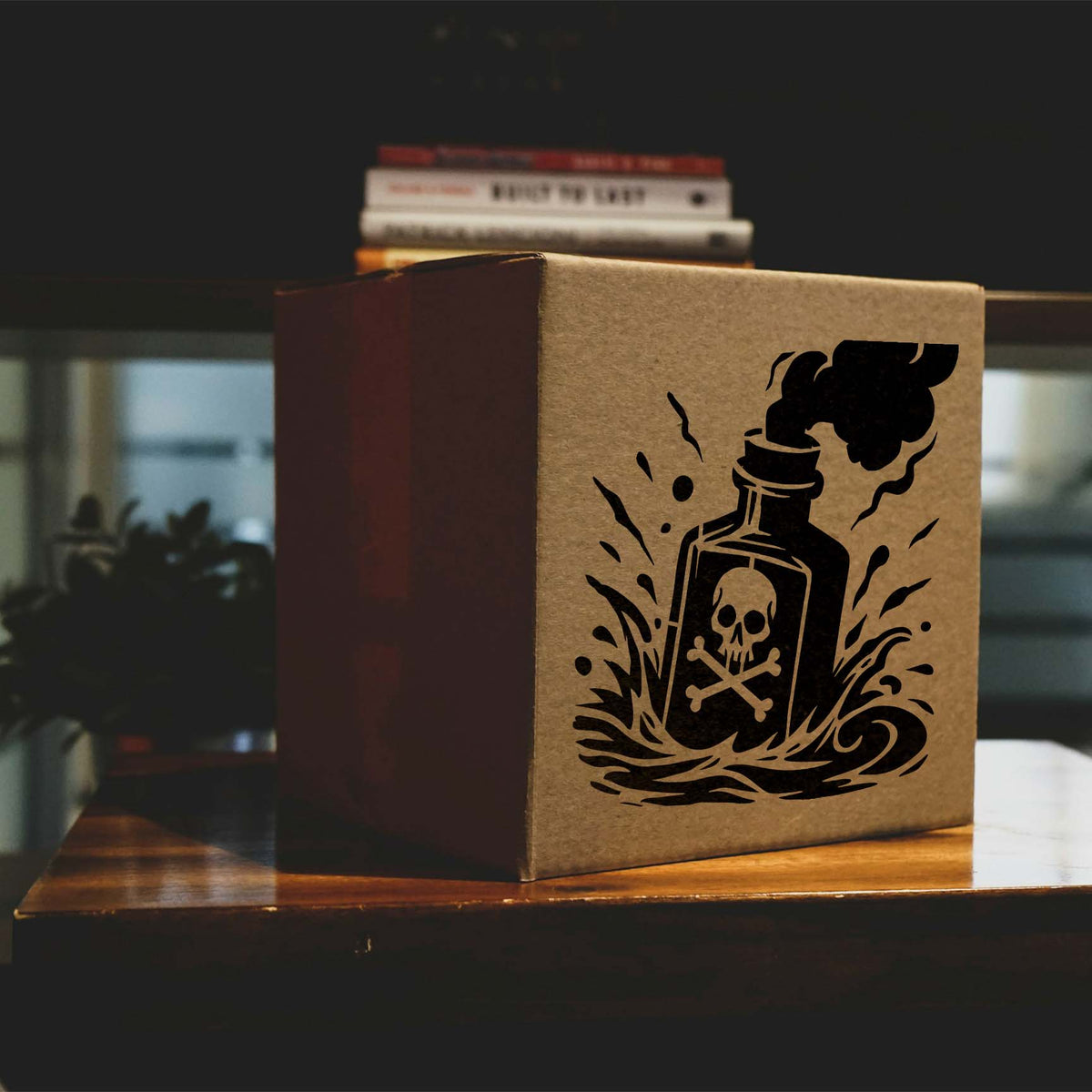 Smoking Poison Bottle Skull Stencil marks a cardboard box with skull, waves, and rising smoke