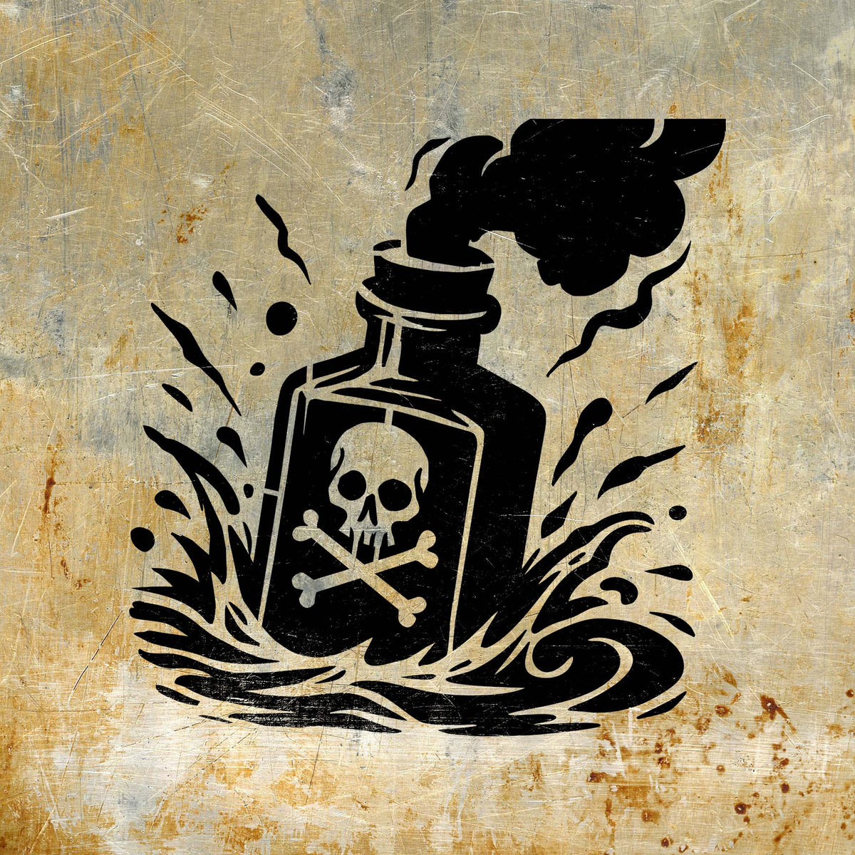 Smoking Poison Bottle Skull Stencil in black spans scratched metal with dramatic waves and smoke