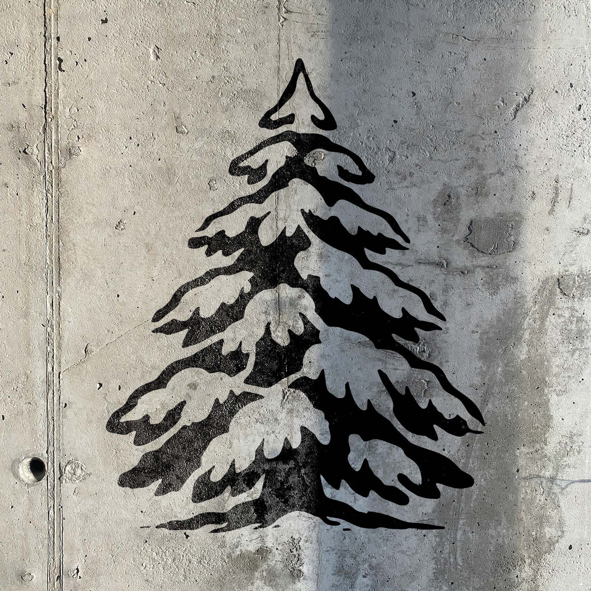 Bold black Snow Covered Pine Tree stencil painted on textured concrete