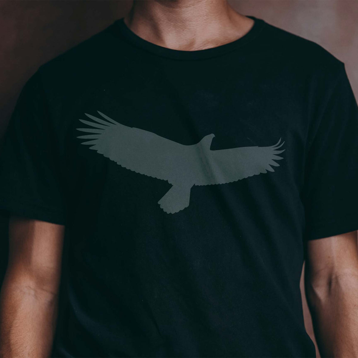Black T-shirt featuring the Soaring Eagle Silhouette Stencil with wide wings gliding across the chest.
