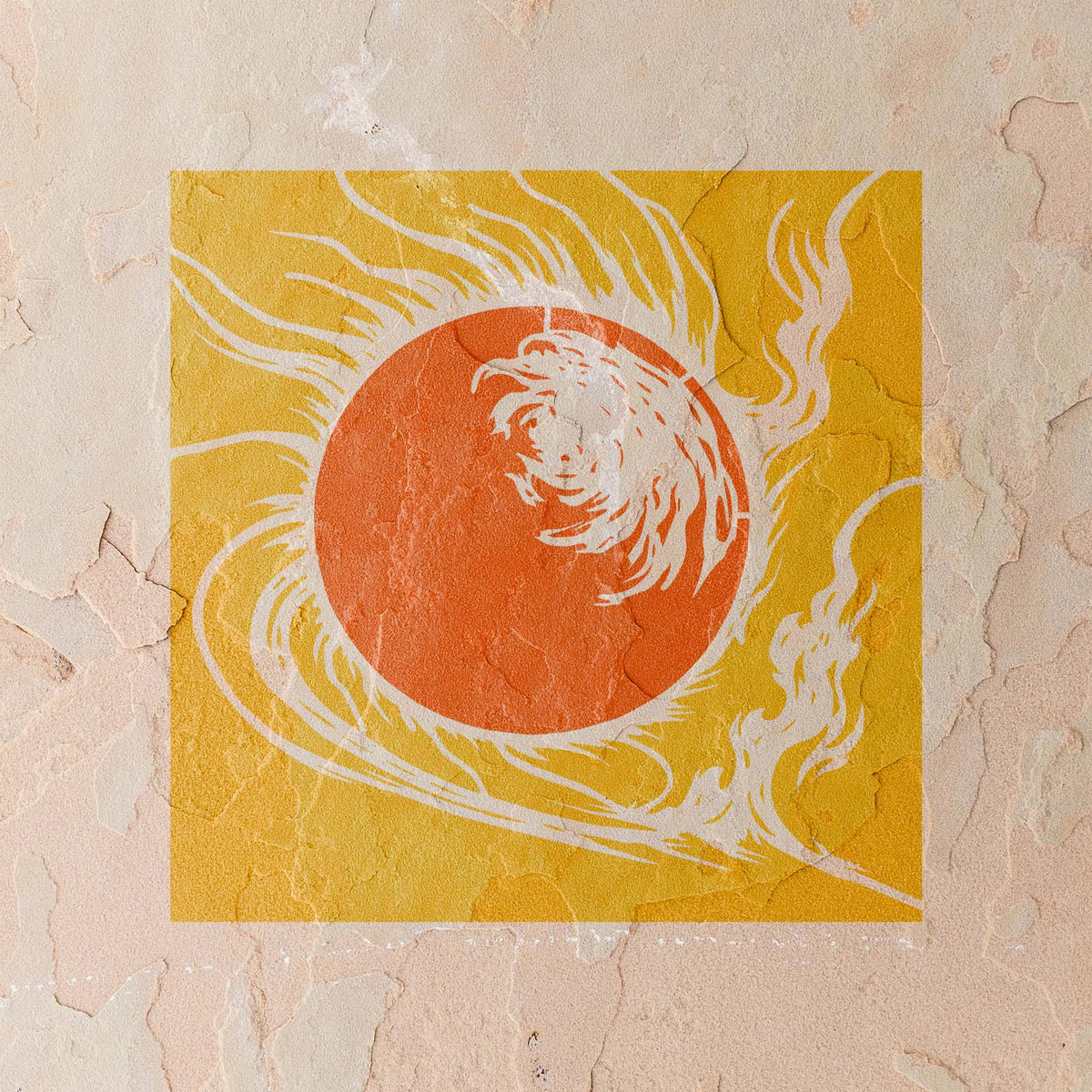 Golden Solar Eclipse Burst Stencil surrounds an orange sun with sweeping flames on a textured wall