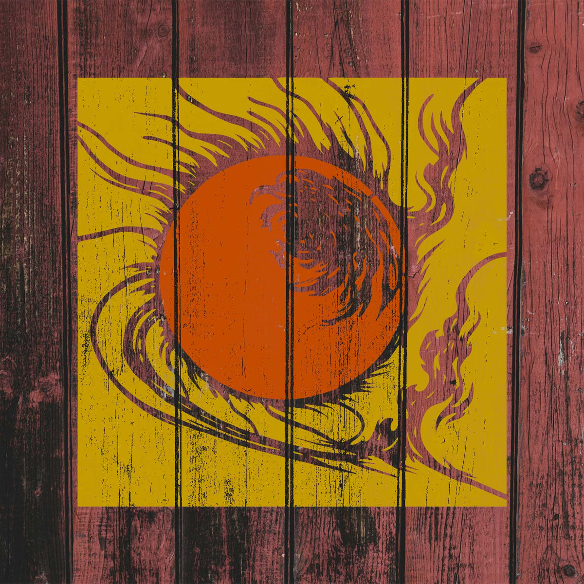 Across weathered red wood, Solar Eclipse Burst Stencil pairs a fiery orange sun with golden flames