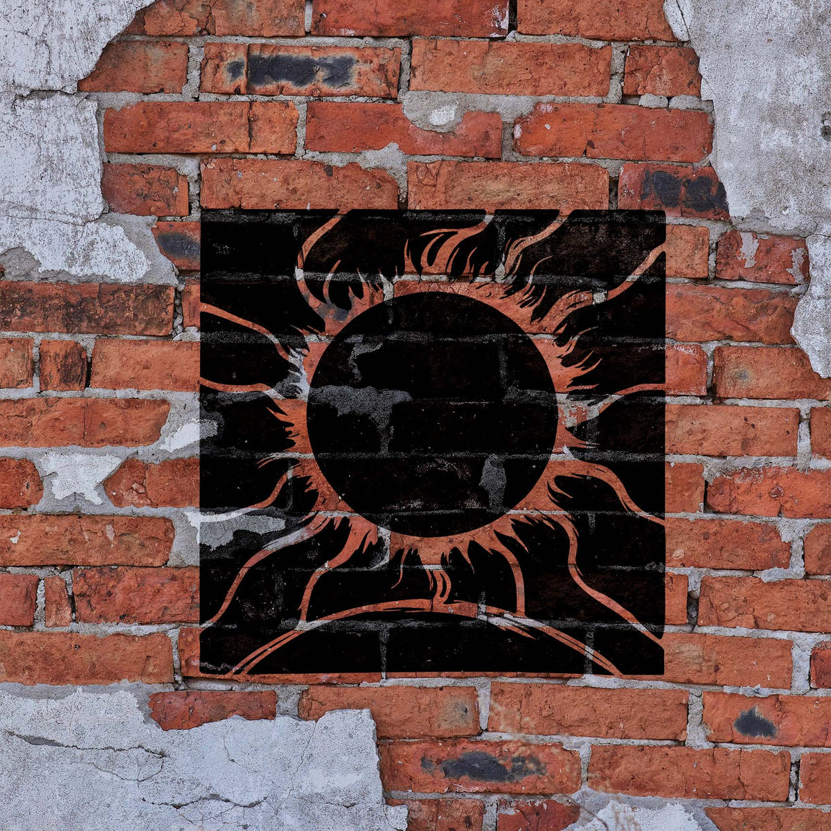 Solar Eclipse Horizon Stencil casts a bold black eclipse across a weathered brick wall