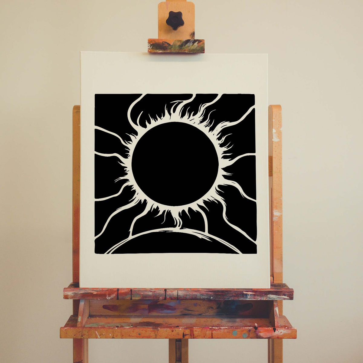 Striking Solar Eclipse Horizon Stencil fills a white canvas with sweeping solar flames