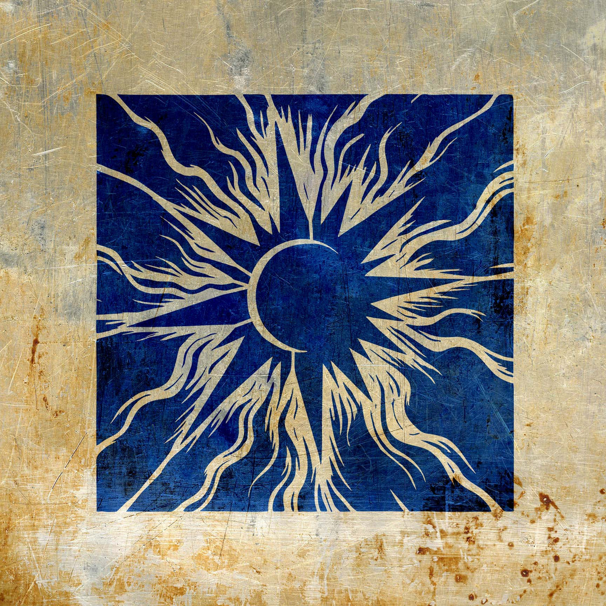 Vivid blue Solar Eclipse Radiance Stencil spreads fiery rays over a scratched metal surface