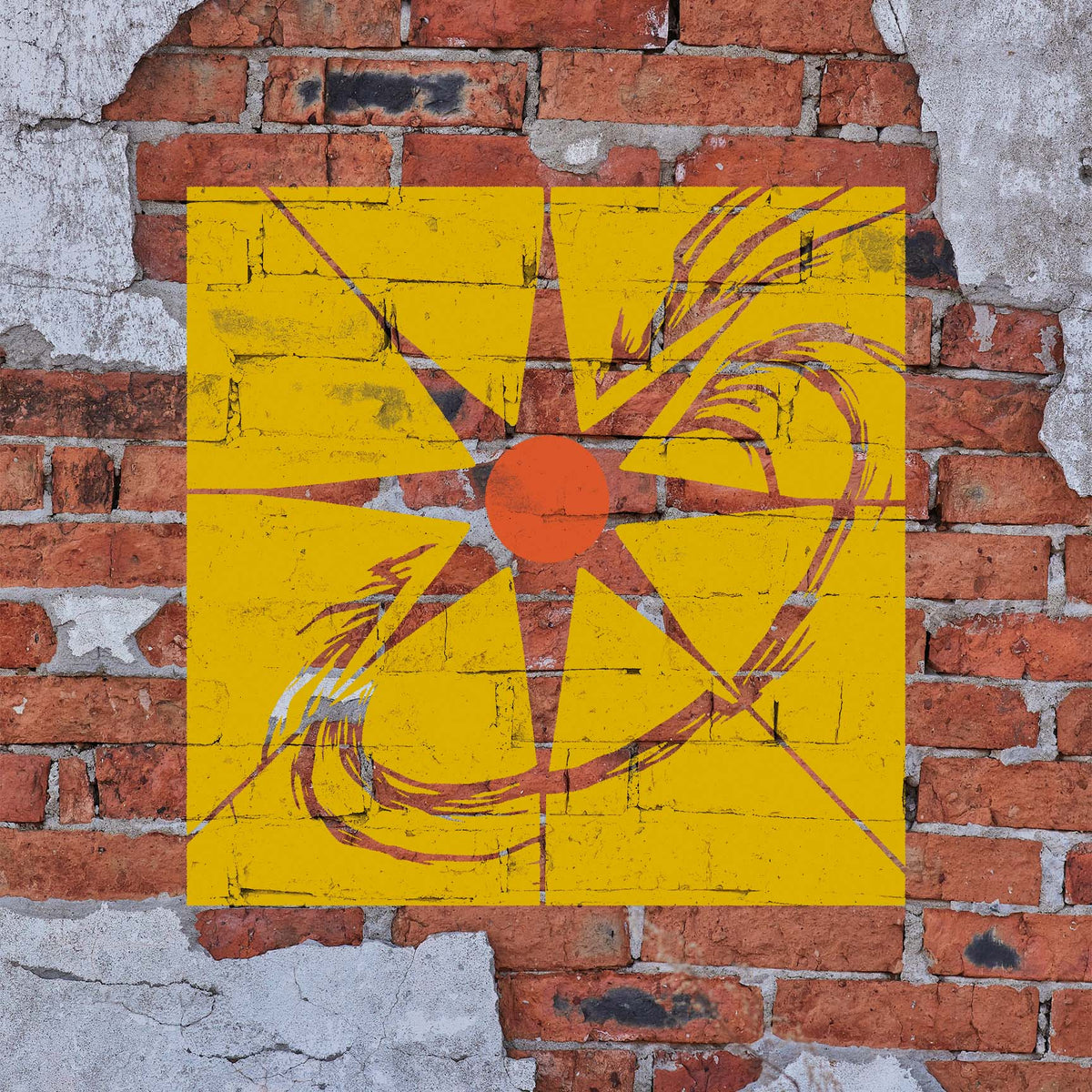Sunburst geometry meets sweeping orbits in the Solar Flare Orbit Stencil painted on aged brick