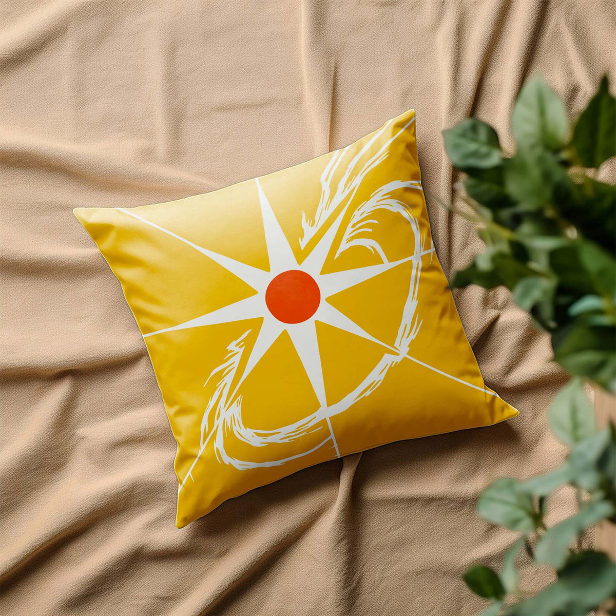 A golden pillow carries the Solar Flare Orbit Stencil with crisp white rays and looping trails