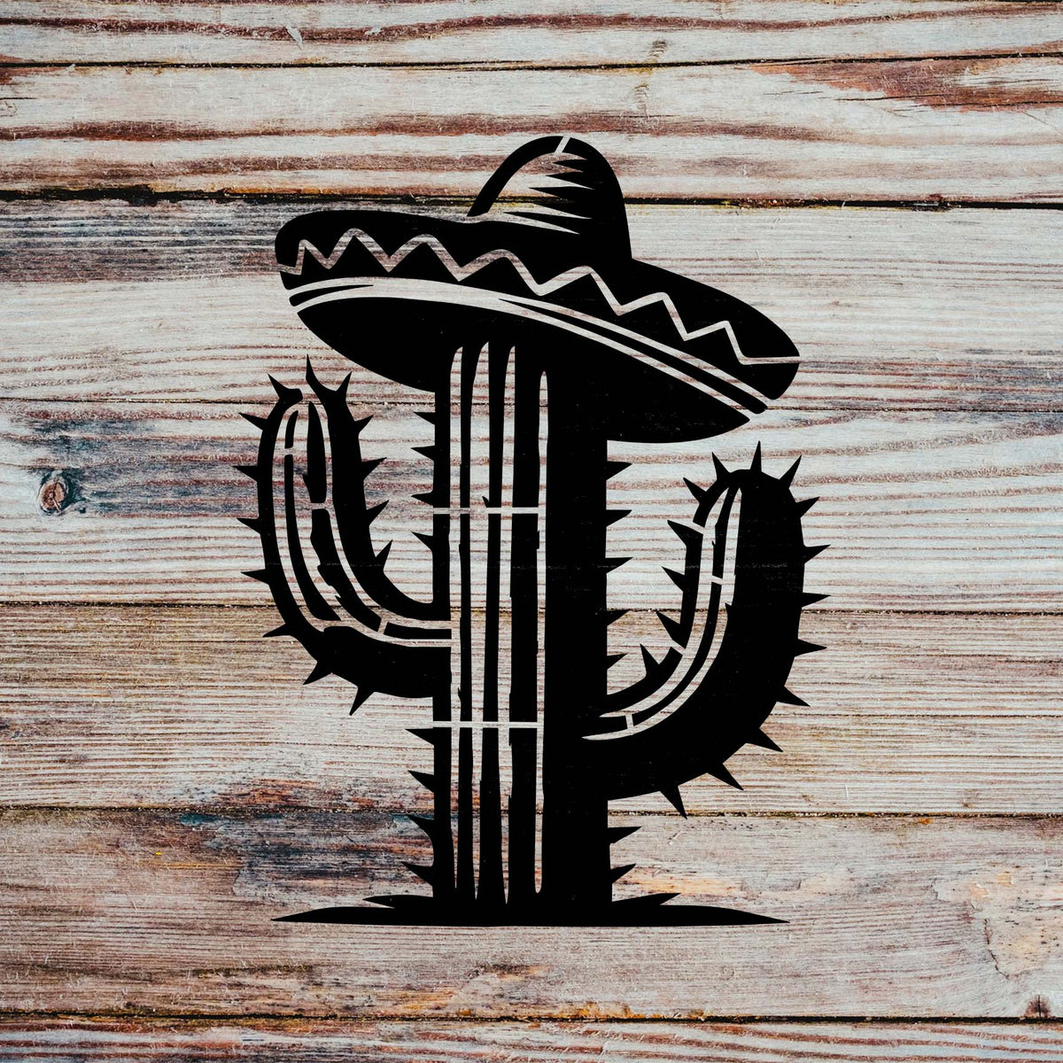 Rustic wood displays the Sombrero Cactus Stencil with its playful desert-inspired design