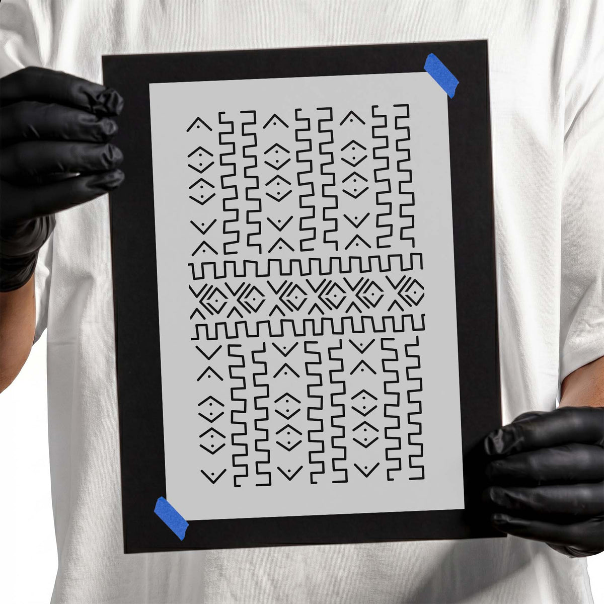 Southwestern Pattern stencil with stepped geometric lines, diamonds, dotted accents, and a bold center band