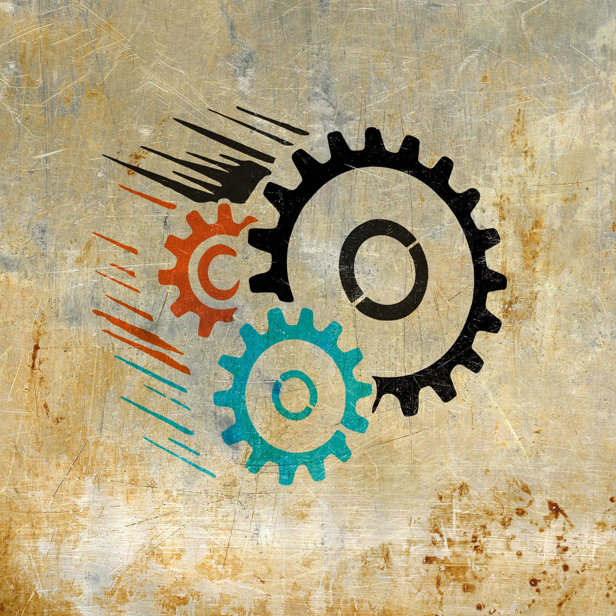 Speeding Gears stencil featuring three colorful cogwheels with sweeping motion lines on distressed metal