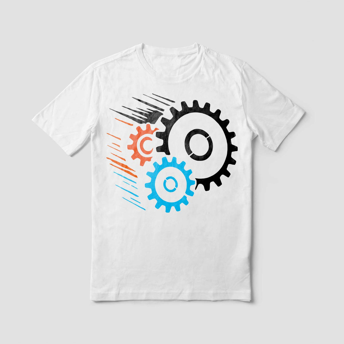 Speeding Gears stencil with black, orange, and blue cogwheels and speed lines on a white shirt