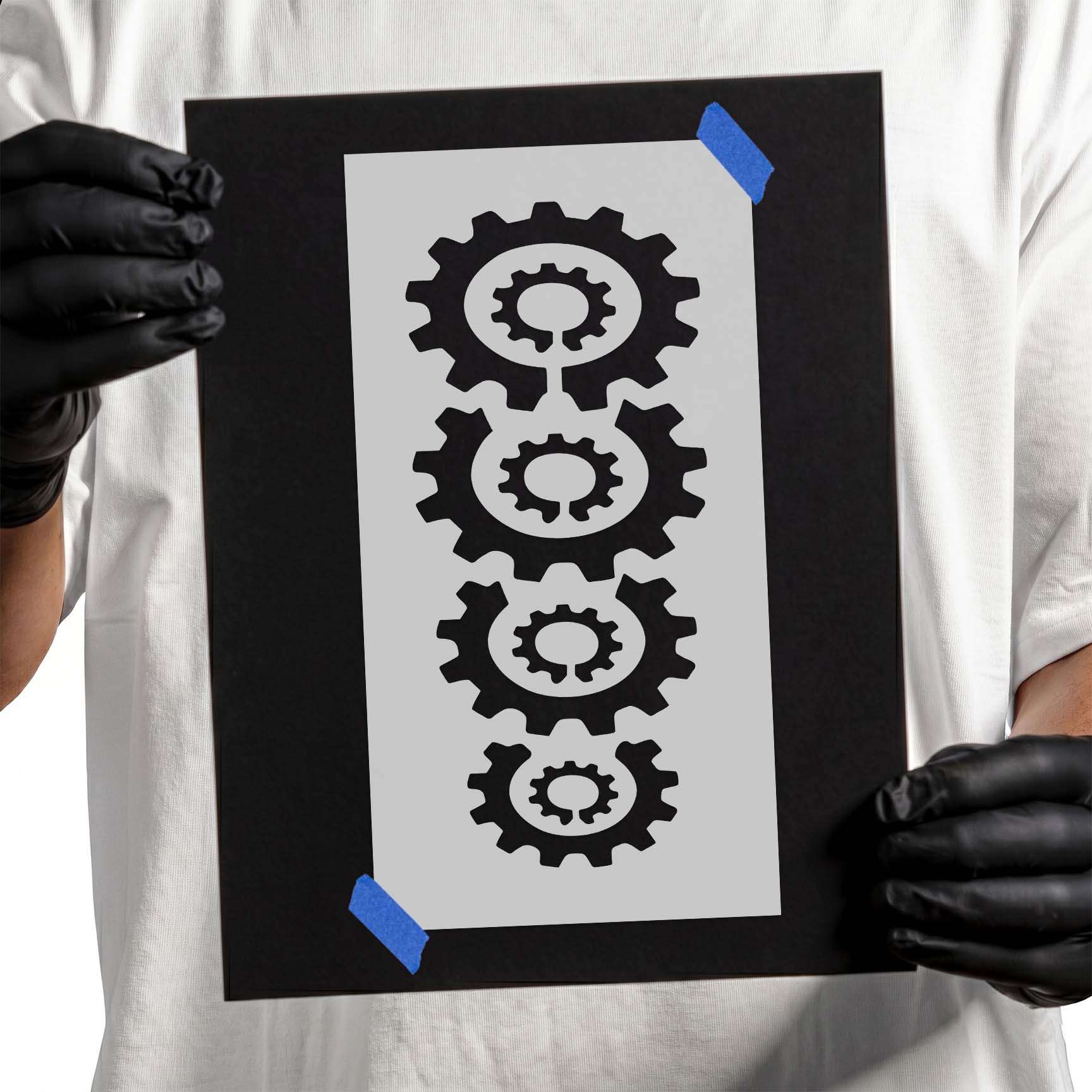 Four vertically stacked industrial gears in a clean mechanical stencil design
