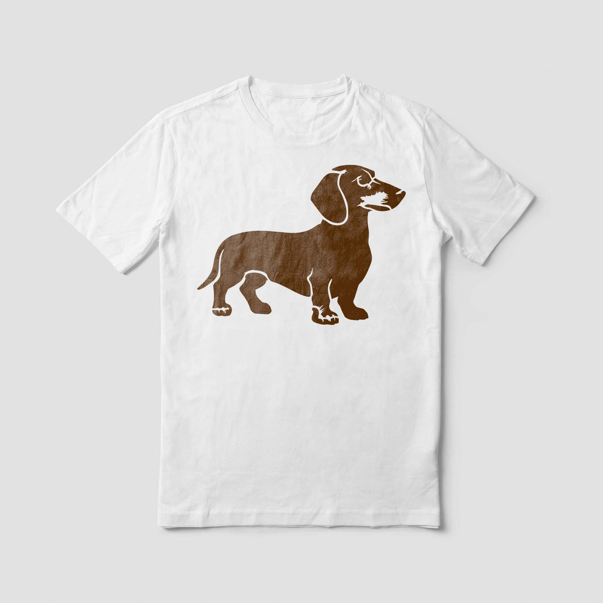 Standing Dachshund Stencil printed in brown on a white T-shirt mockup.