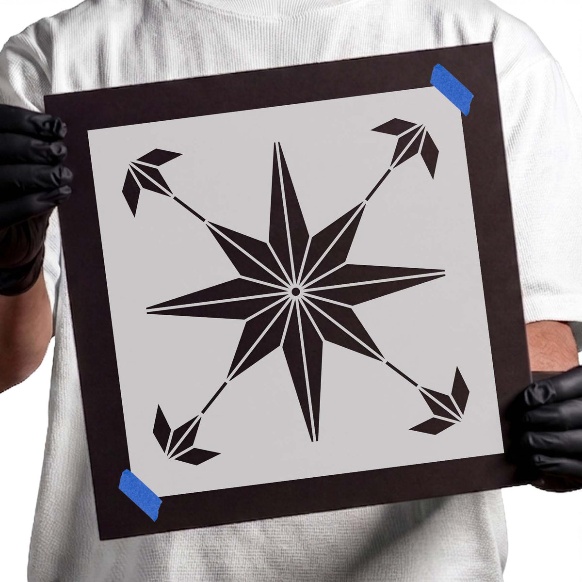 Eight-point geometric star tile stencil with angular corner accents