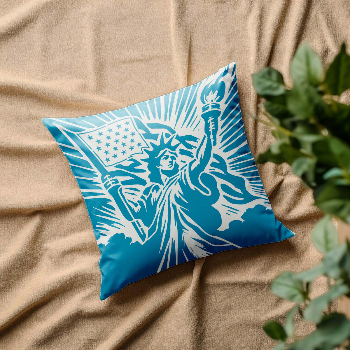 Blue Statue of Liberty American Flag Stencil displayed across a decorative throw pillow