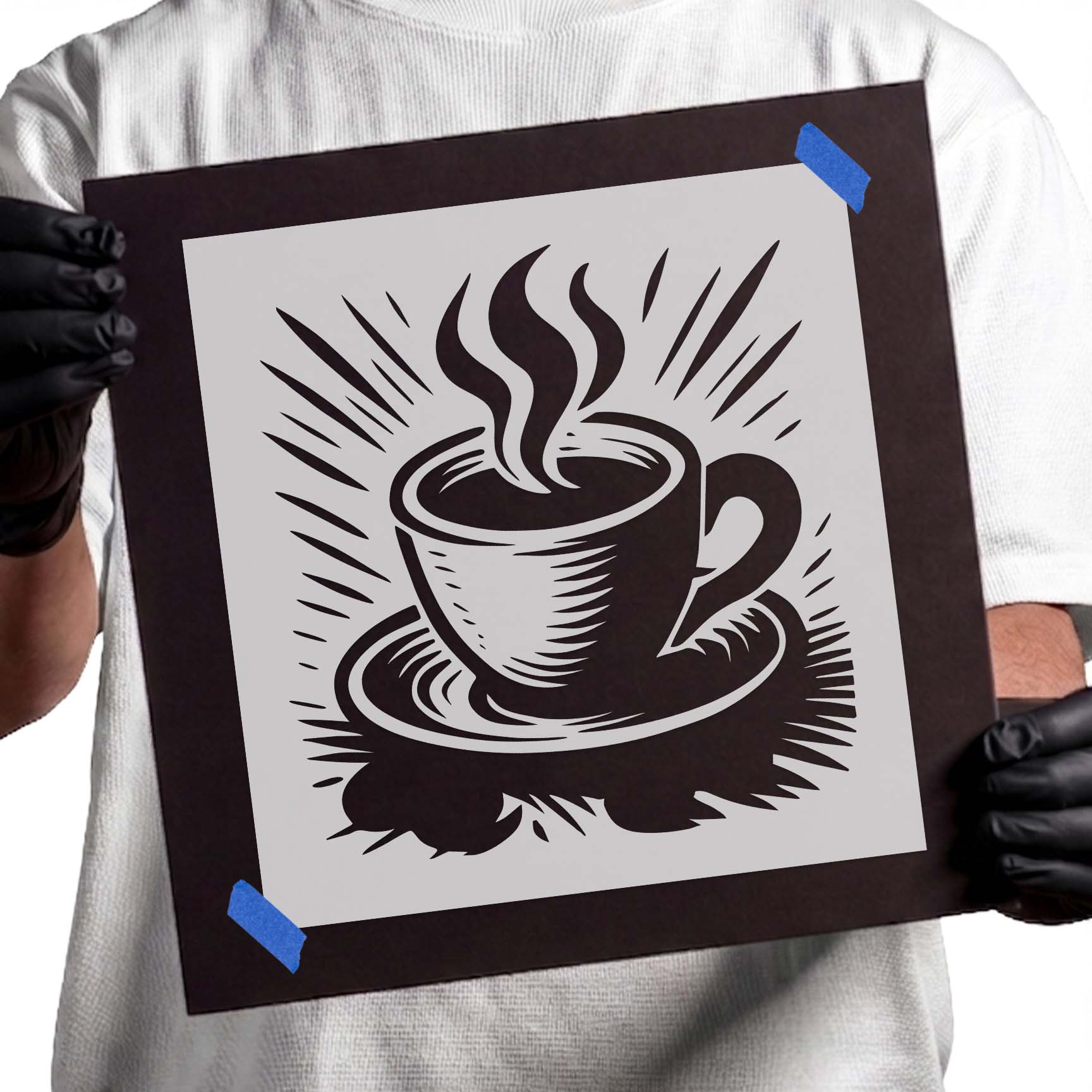 Steaming coffee cup stencil with saucer and radiating accent lines
