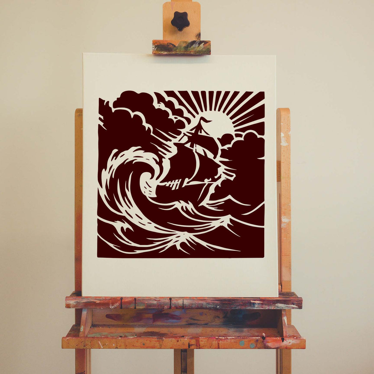 Stormy Seas Sailing Ship Stencil with crashing waves and sunburst on canvas