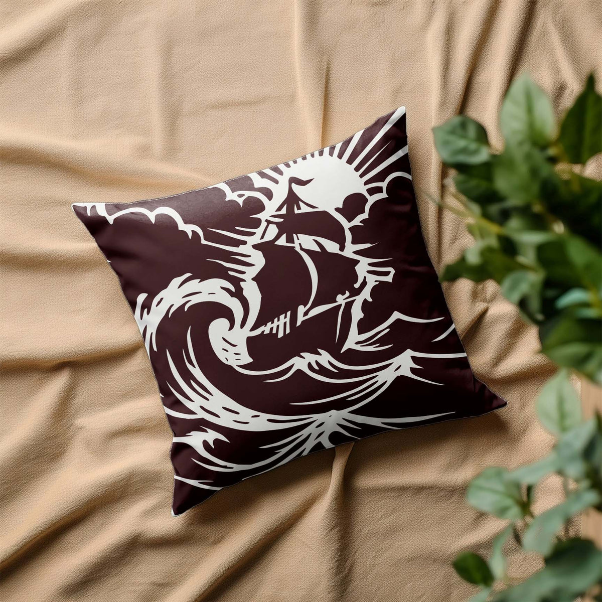 Stormy Seas Sailing Ship Stencil with rolling waves displayed on decorative pillow