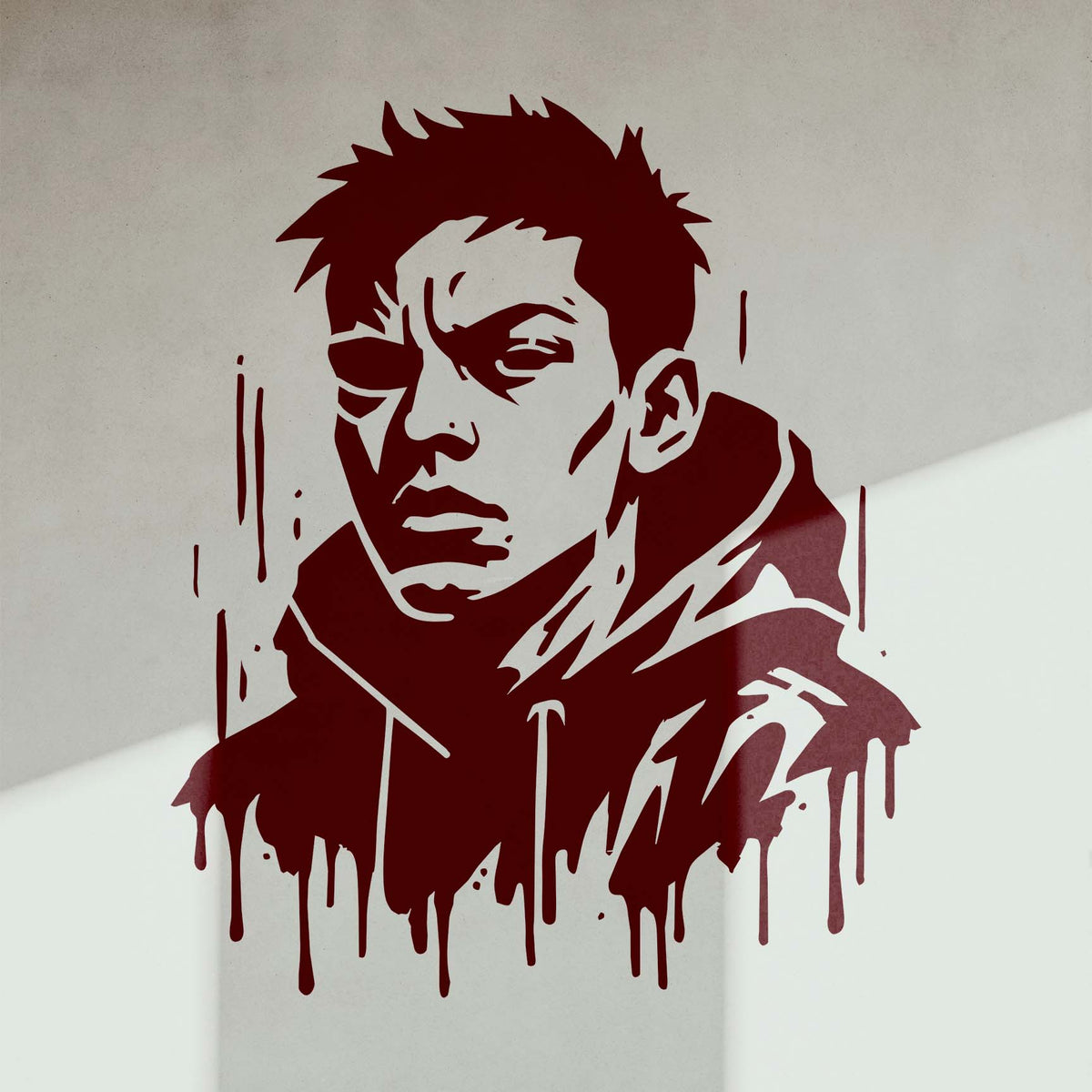 Bold facial details and dripping edges define the Street Style Portrait Stencil on a light gray wall.
