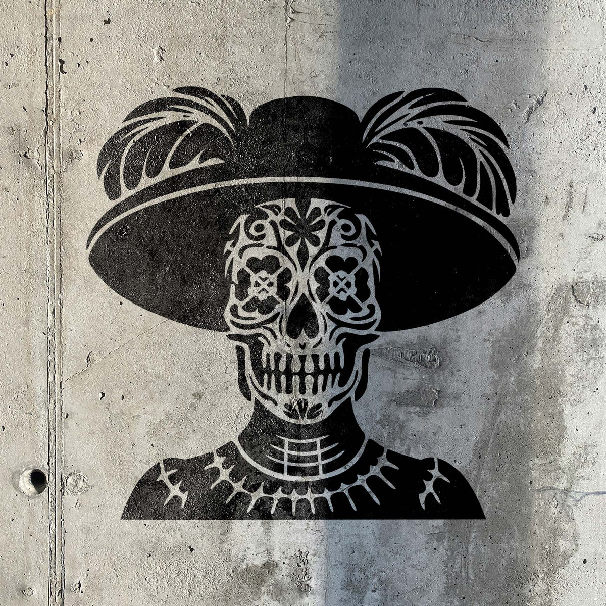 Sugar Skull Catrina Stencil portrays an ornate Catrina in a feathered hat on concrete