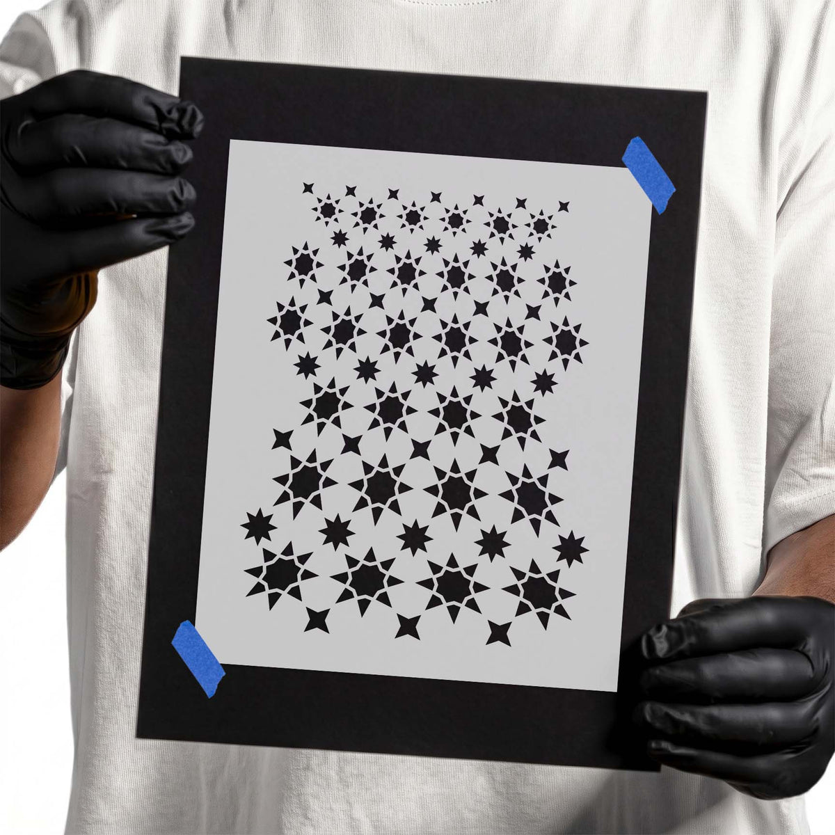 Sun and Stars Pattern Stencil with repeating sunbursts and geometric stars